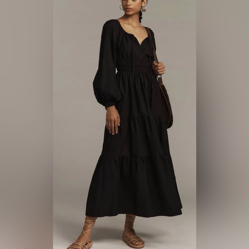 Anthropologie The Somerset Maxi Dress Puff Sleeve Edition Smocked Black